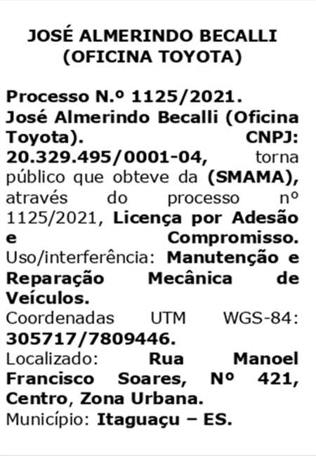 LICENÇA AMBIENTAL OBTIDA - JOSÉ ALMERINDO BECALLI (OFICINA TOYOTA).